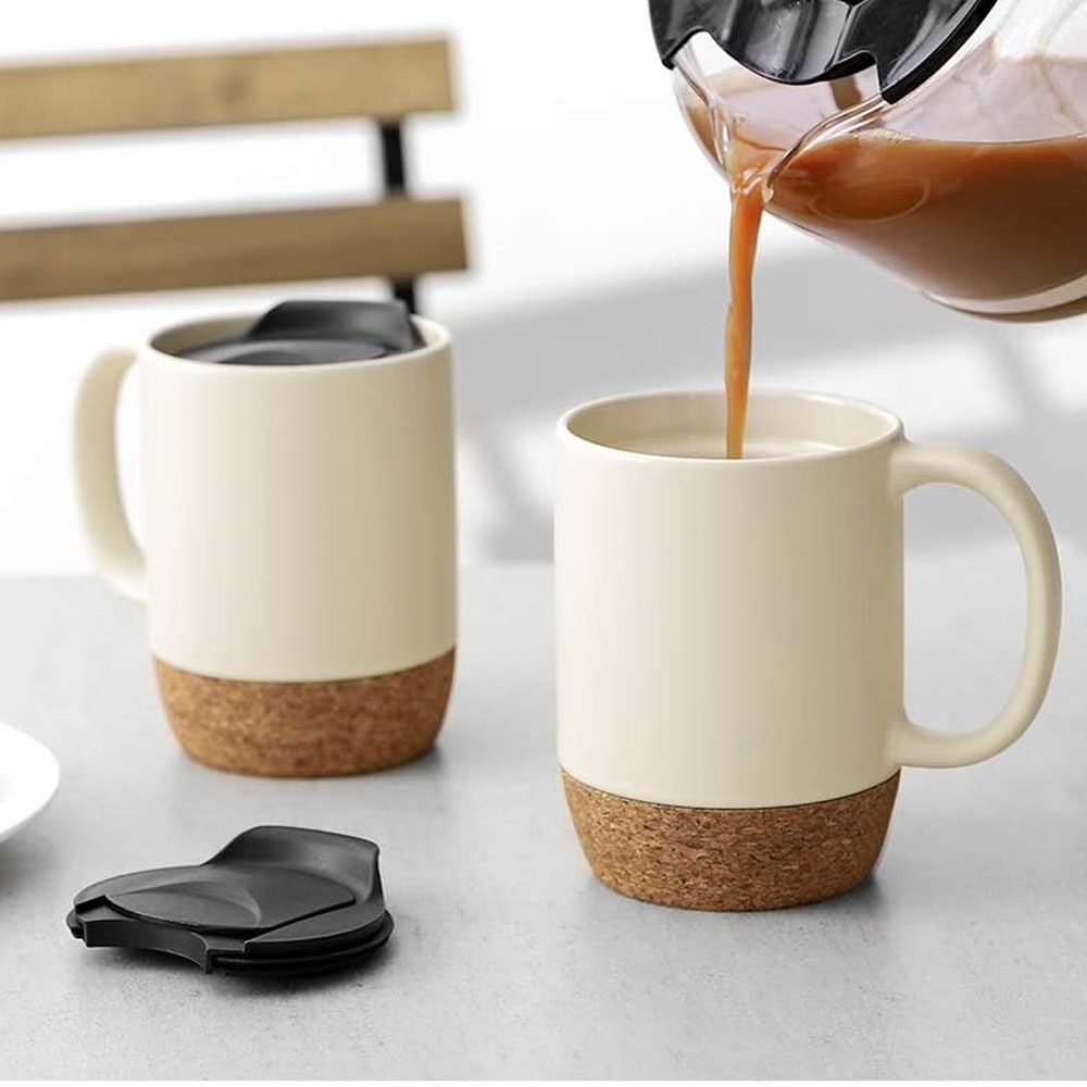  Extra Large Ceramic Coffee Mug w/Lid and Cork Coaster Bottom -  17oz Slideproof Coffee Cups w/Handle and Sip and Cover Lid - Set of 2  Dishwasher Safe Ceramic Travel Mugs 