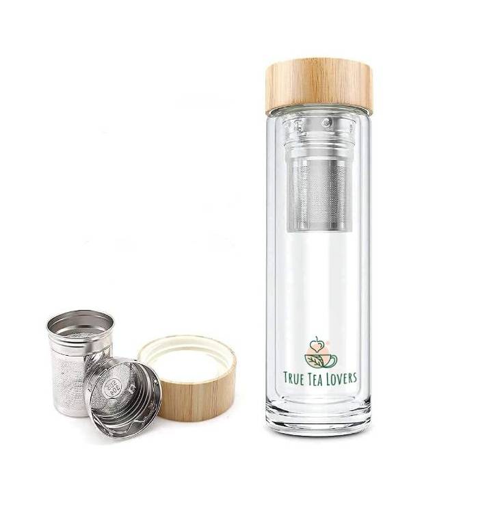 ORIGIN Fruit and Tea Infuser Borosilicate Glass Water Bottle with Neoprene  Sleeve and Bamboo Lid, Double Mesh Filter, Travel Tumbler 20oz